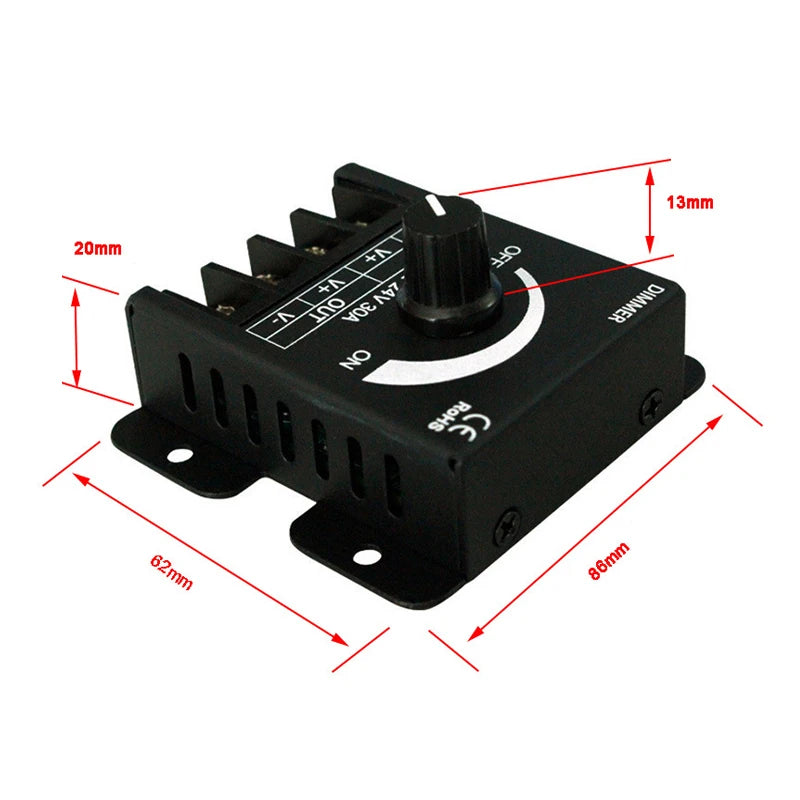High-Power 30A LED Dimmer - DC 12V-24V, 360W-720W Manual Stepless Controller for LED Strips