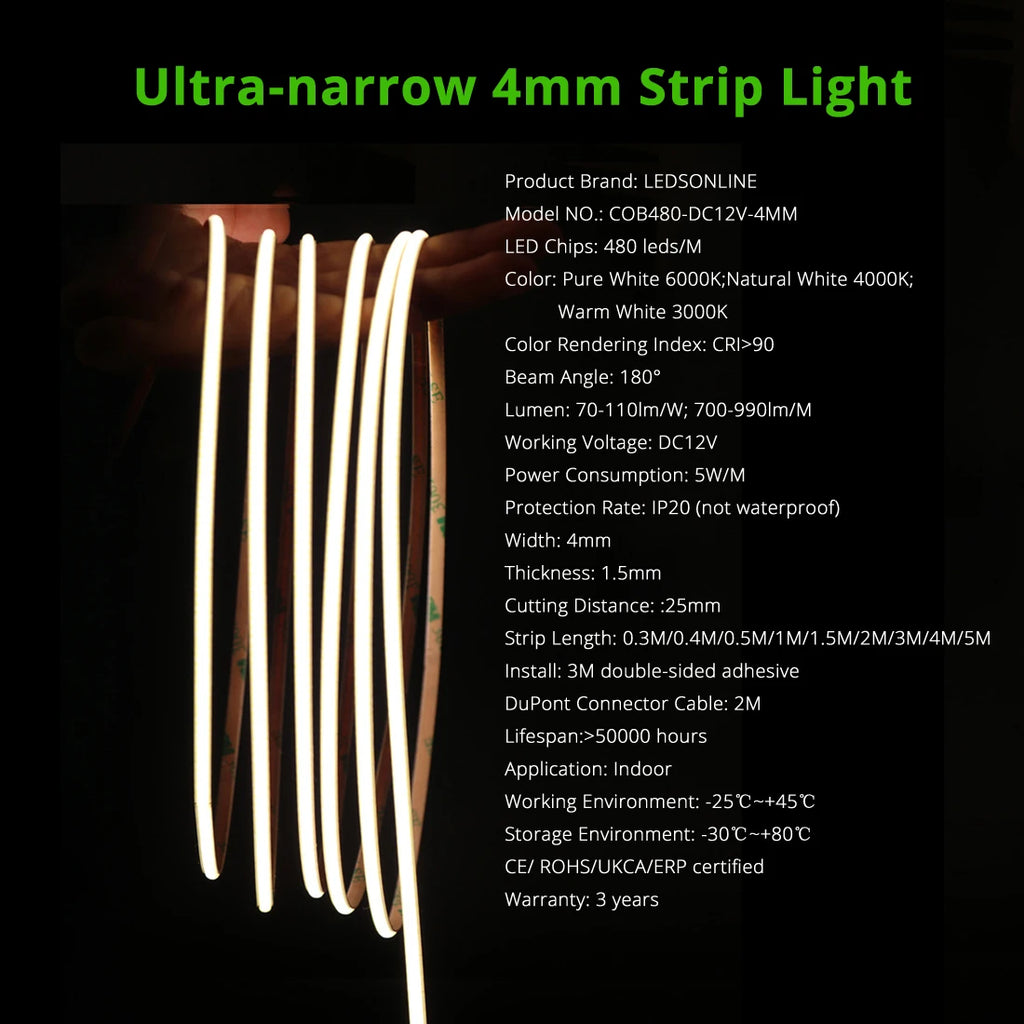 12V Flexible COB LED Strip Light Pack - Includes 2m DuPont Cable (4pcs/Pack)