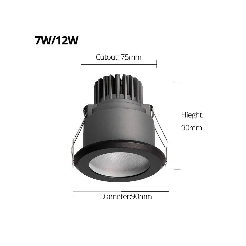 IP65 Waterproof Architectural LED Downlight - 7W/12W Recessed Die-Cast Spotlight