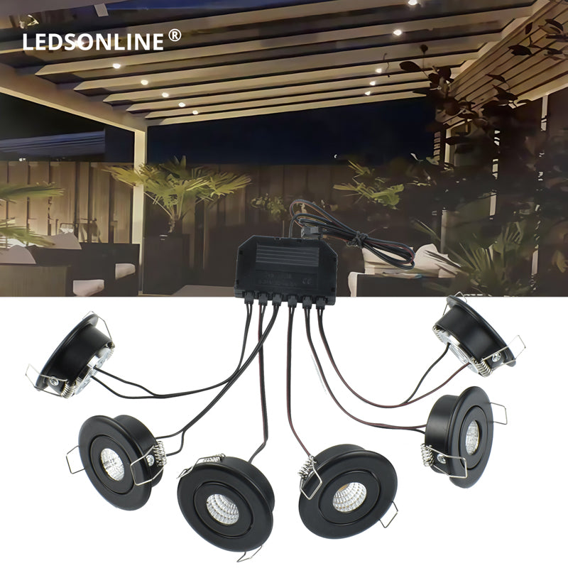 LRLEDS 6-Pack High-Power Mini LED Gazebo & Veranda Lighting Kit - 18W (3W/Spot) IP65 Waterproof Recessed Soffit Lights, Black (Complete DIY Set)