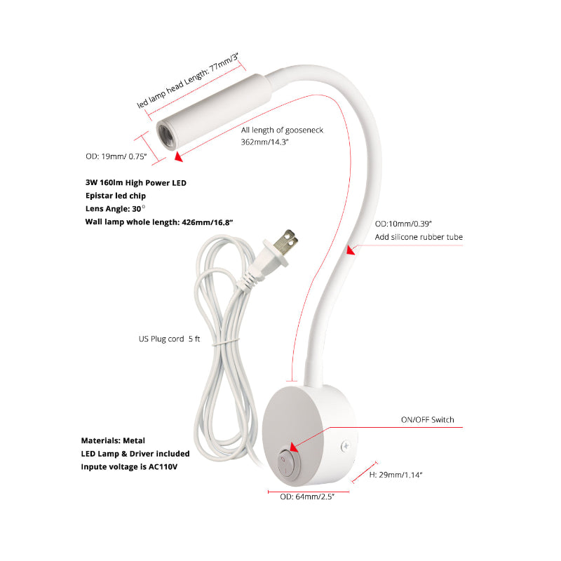 LRLEDS Nordic Minimalist Bedside Reading Lamp - 3W Focused LED, White (Plug-in Easy Install)