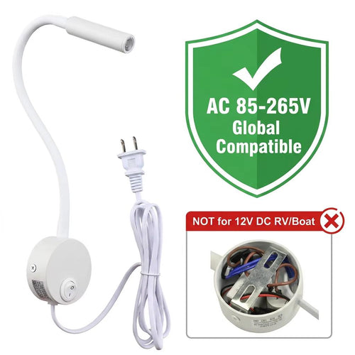 2-Pack Gooseneck Wall Reading Light – 3W LED Bedside Lamp, White Finish