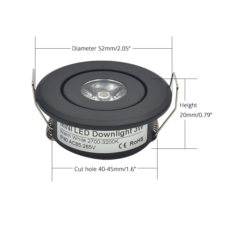 LRLEDS Classic 1W Mini LED Spotlight - Recessed Accent Downlight for Cabinets & Ceilings, Black Finish (40-45mm Cutout)