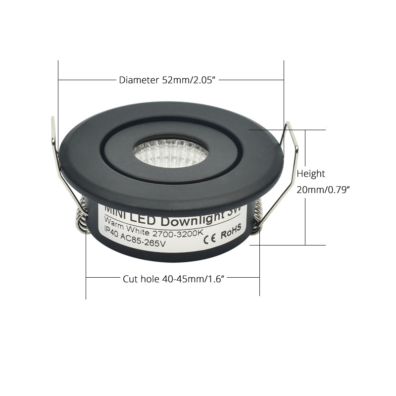 LRLEDS Adjustable 3W COB LED Mini Spotlight - Tilting Recessed Downlight for Cabinets & Display, Black (40-45mm Cutout)