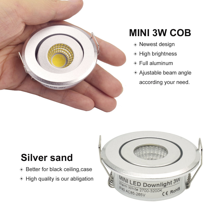 LRLEDS Adjustable 3W COB LED Mini Spotlight - Tilting Recessed Downlight for Cabinets & Display, Silver (40-45mm Cutout)