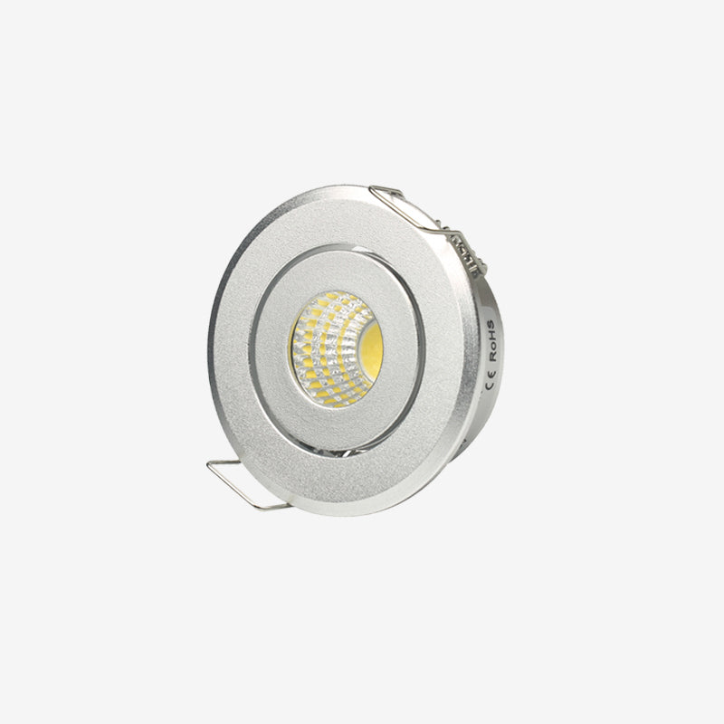 LRLEDS Adjustable 3W COB LED Mini Spotlight - Tilting Recessed Downlight for Cabinets & Display, Silver (40-45mm Cutout)