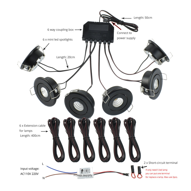 LRLEDS 6-Pack Remote Dimmable Mini LED Gazebo Lighting Kit - 18W IP65 Waterproof Recessed Soffit Lights, Black (Complete DIY Set)
