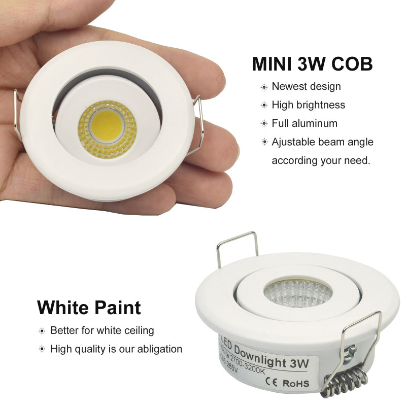 LRLEDS Adjustable 3W COB LED Mini Spotlight - Tilting Recessed Downlight for Cabinets & Display, White (40-45mm Cutout)