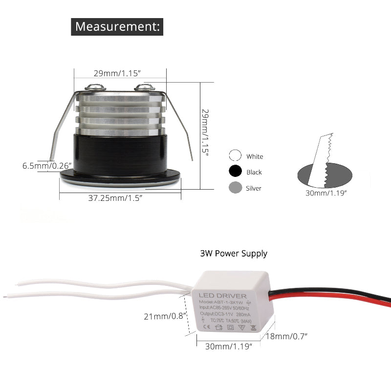 LRLEDS Ultra-Compact 3W COB LED Mini Spotlight - 30mm Cutout, High-Intensity Recessed Accent Light, Black Finish
