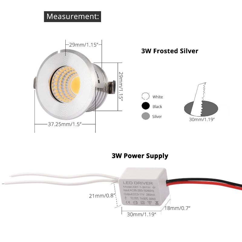 LRLEDS Ultra-Compact 3W COB LED Mini Spotlight - 30mm Cutout, High-Intensity Recessed Accent Light, Silver Finish