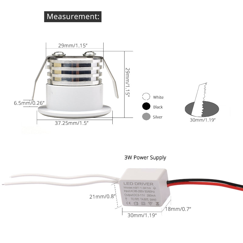 LRLEDS Ultra-Compact 3W COB LED Mini Spotlight - 30mm Cutout, High-Intensity Recessed Accent Light, White Finish