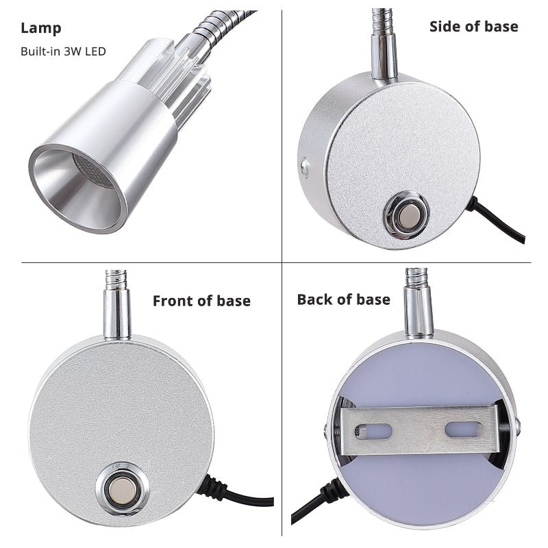 2-Pack 5V USB Dimmable LED Wall Lamp - Eye-Safe Reading Light (3CCT, Silver)