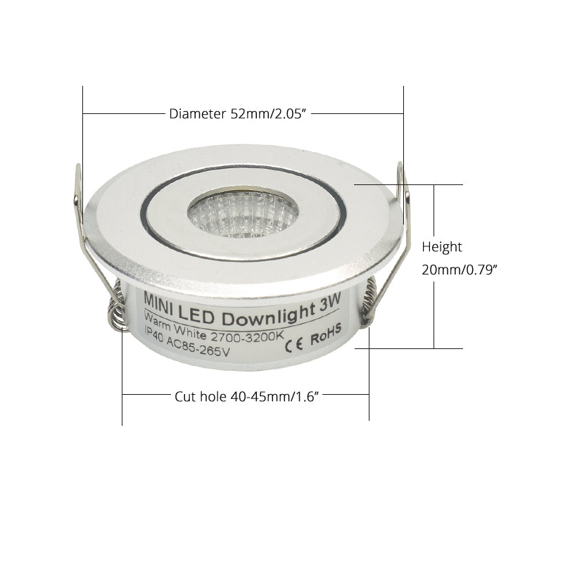 LRLEDS Adjustable 3W COB LED Mini Spotlight - Tilting Recessed Downlight for Cabinets & Display, Silver (40-45mm Cutout)