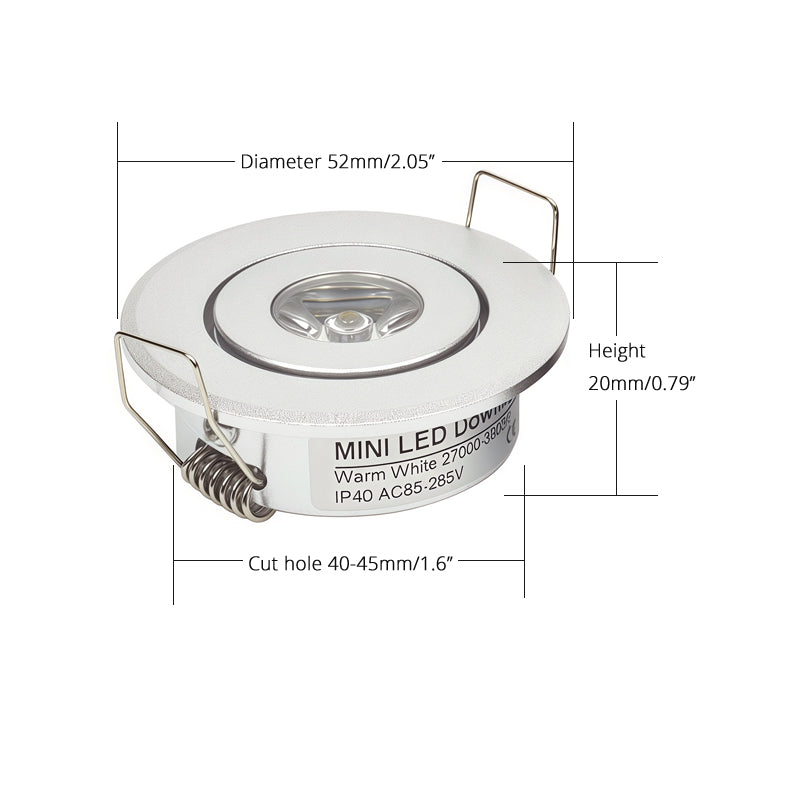 LRLEDS Classic 1W Mini LED Spotlight - Recessed Accent Downlight for Cabinets & Ceilings, Silver Finish (40-45mm Cutout)