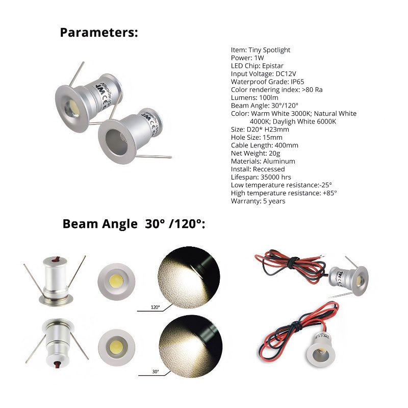 LRLEDS IP65 Waterproof 1W Mini LED Spotlight - Small Recessed Outdoor Soffit Light, Silver Finish (DC 12V)