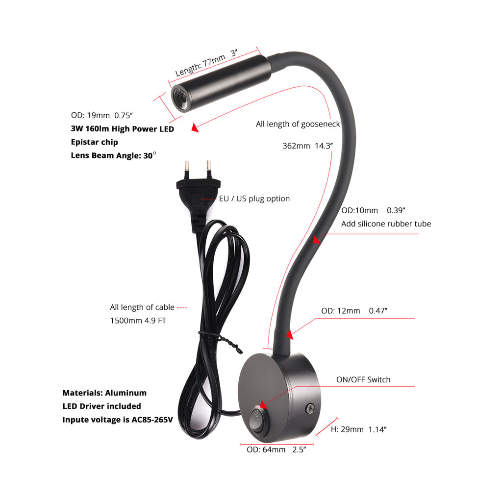 LRLEDS Nordic Minimalist Bedside Reading Lamp - 3W Focused LED, Black (Plug-in Easy Install)