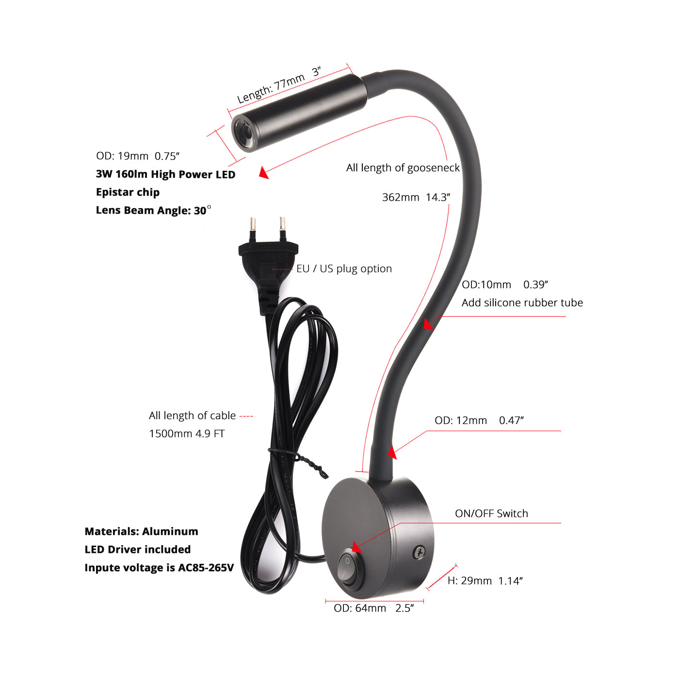 LRLEDS Nordic Minimalist Bedside Reading Lamp - 3W Focused LED, Black (Plug-in Easy Install)