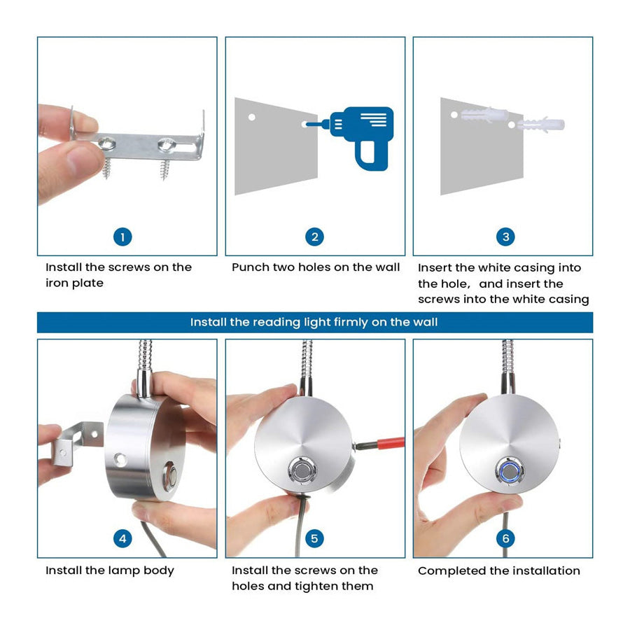 2-Pack 5V USB Dimmable LED Wall Lamp - Eye-Safe Reading Light (3CCT, Silver)