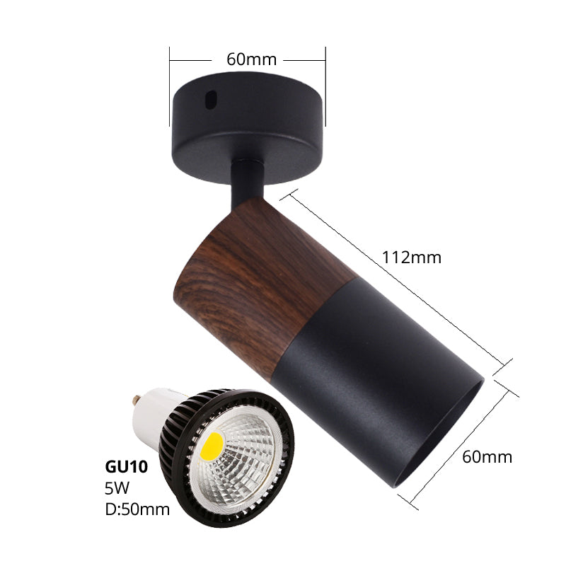 LRLEDS Modern Woodgrain & Black Surface Mounted Spotlight - Adjustable GU10 LED Ceiling & Wall Sconce (Replaceable Bulb, CRI >90)