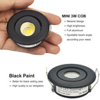 LRLEDS Adjustable 3W COB LED Mini Spotlight - Tilting Recessed Downlight for Cabinets & Display, Black (40-45mm Cutout)