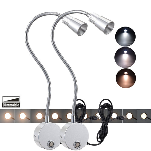 2-Pack 5V USB Dimmable LED Wall Lamp - Eye-Safe Reading Light (3CCT, Silver)
