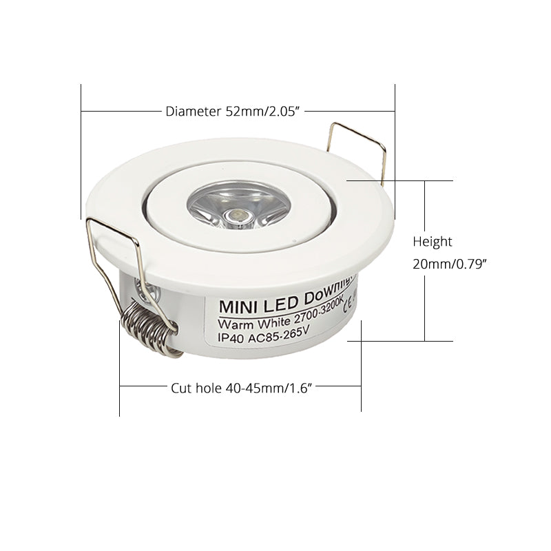 LRLEDS Classic 1W Mini LED Spotlight - Recessed Accent Downlight for Cabinets & Ceilings, White Finish (40-45mm Cutout)