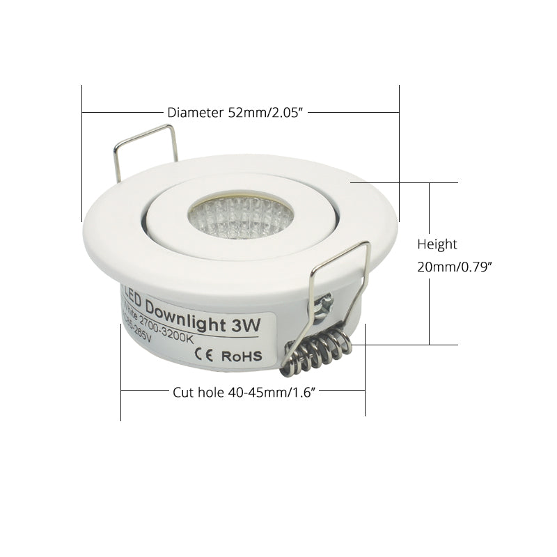 LRLEDS Adjustable 3W COB LED Mini Spotlight - Tilting Recessed Downlight for Cabinets & Display, White (40-45mm Cutout)